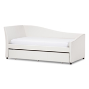 Baxton Studio Vera Modern and Contemporary White Faux Leather Upholstered Curved Sofa Twin Daybed with Roll-Out Trundle Guest Bed